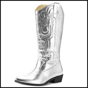 Western Cowboy Boots Embroidered Pointed Toe Chunky Heel Mid Calf Pull On